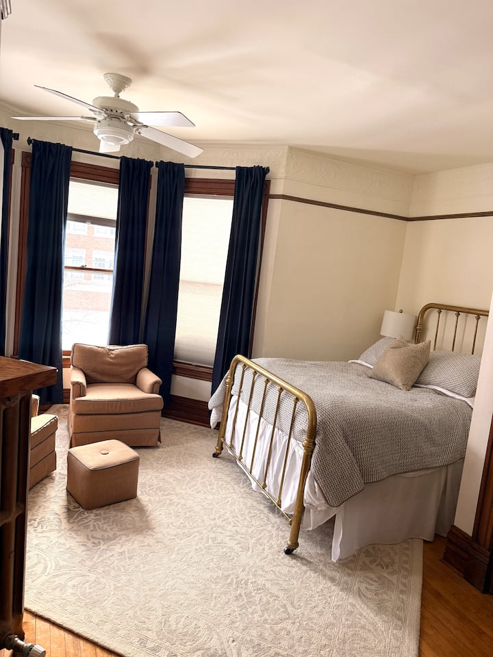 This is the Tower bedroom. Full/ double bed with premium mattress and cotton linens. The comfortable chairs, antique dresser,  wall mounted split AC and TV all combine to make the tower room a cozy choice. 