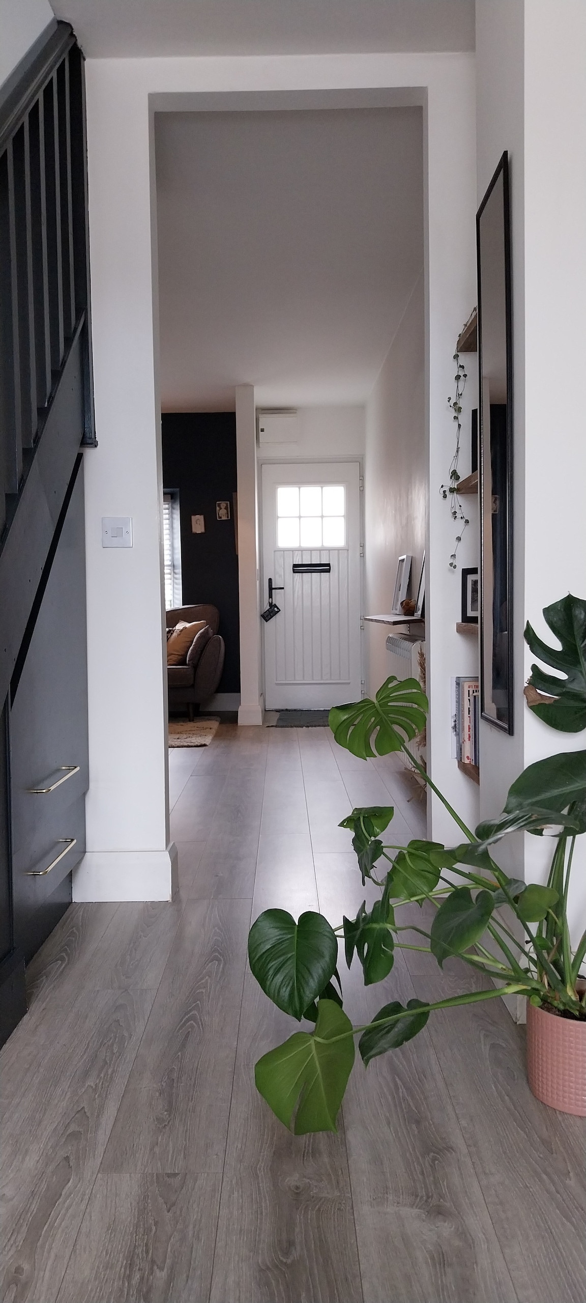 A bright hallway features light wood flooring and a tall staircase on the left. A large houseplant is positioned at the bottom of the stairs. Natural light streams through the front door, illuminating the entrance area, which is accented with a small shelf and decorative items.