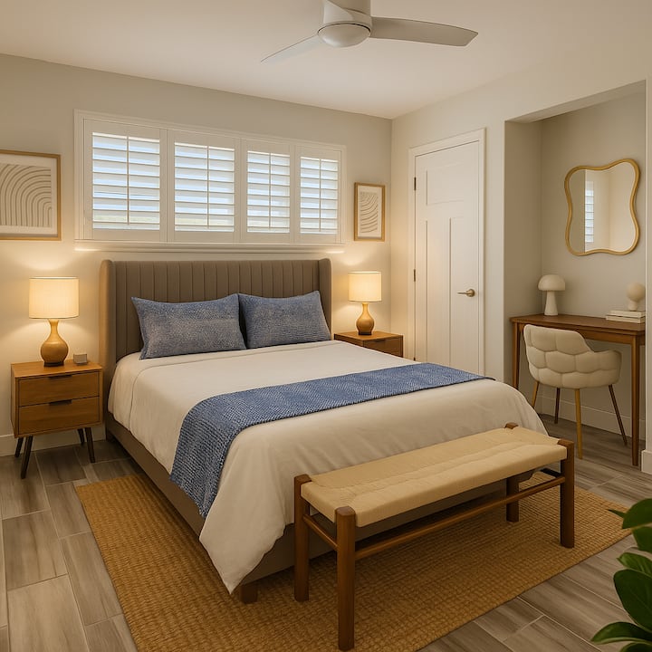 საწოლი 152×203 სმ და სამუშაო მაგიდა სტუმრებისთვის განკუთვნილ საძინებელში 