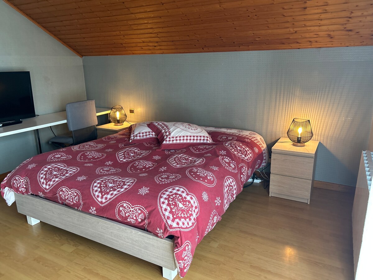 A spacious sleeping area is presented with a large bed covered in a red patterned blanket. Two bedside tables with decorative lamps provide soft lighting. A television is positioned on a desk nearby, against a backdrop of warm wooden paneling.