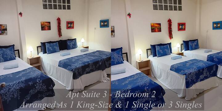 Apartamento Suite 3 - Dormitorio 2
Aire acondicionado con almacenamiento de ropa y mantas adicionales
Se puede organizar como 1 cama tamaño king y 1 individual o 3 individuales