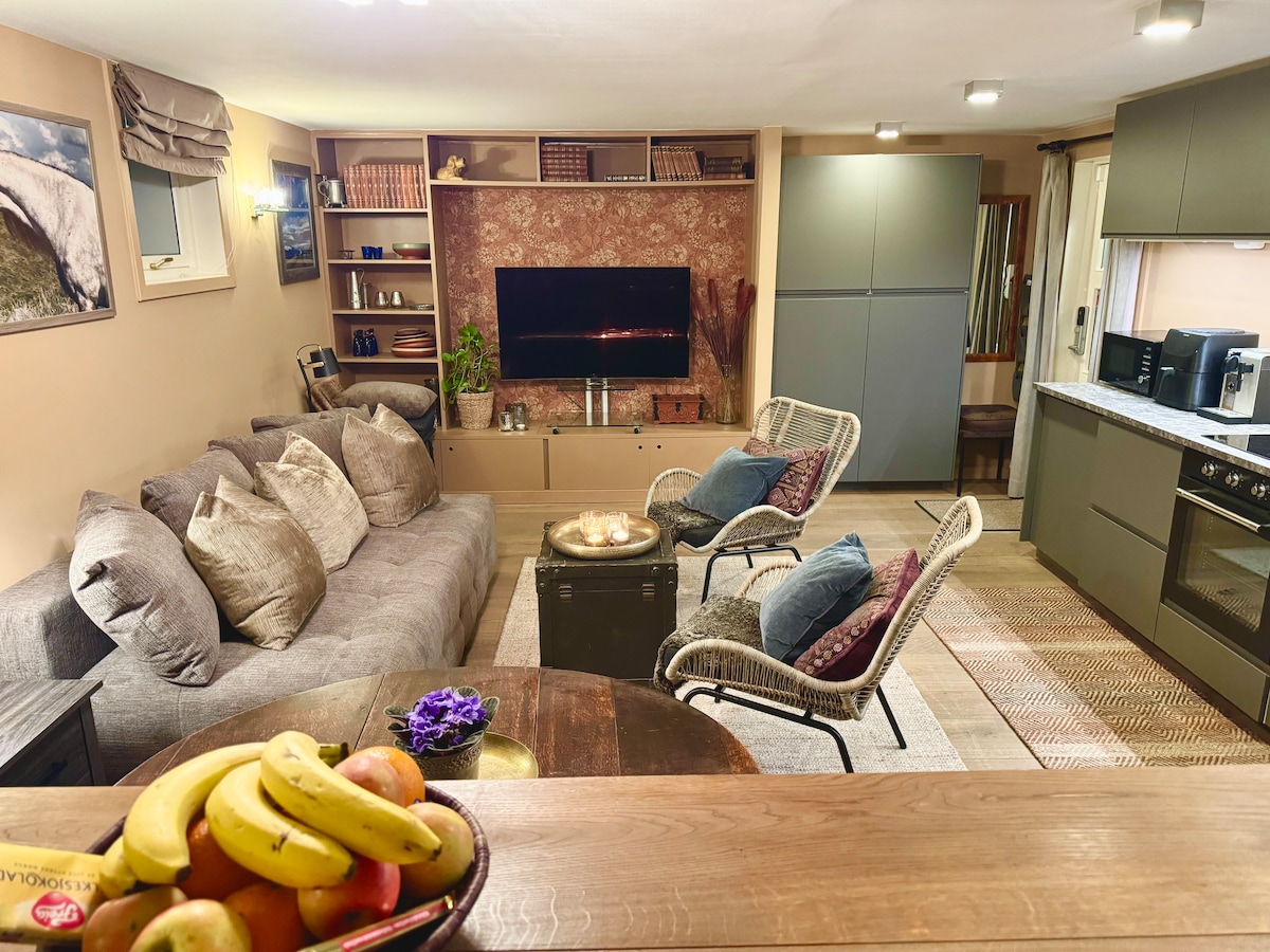 The living area features a spacious sofa accompanied by two armchairs, with a flat-screen television mounted on a decorative wall. Shelves display books and decorative items. The kitchenette is visible, equipped with modern appliances, and warm lighting enhances the cozy ambiance.