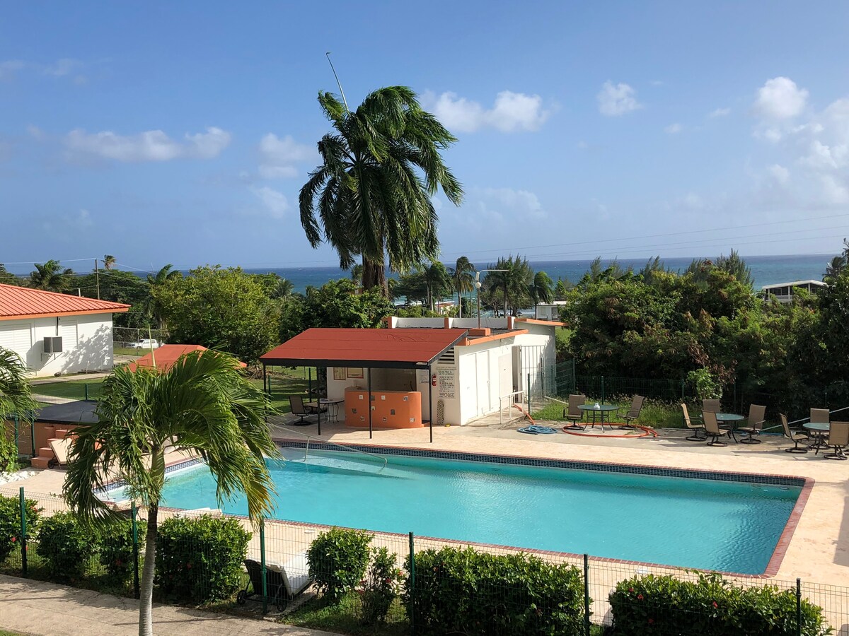A clear view of a refreshing pool is presented, surrounded by lush greenery and palm trees. Cabanas and lounge chairs are positioned nearby, with the horizon displaying a glimpse of the ocean and blue sky, enhancing the calming atmosphere of the area.