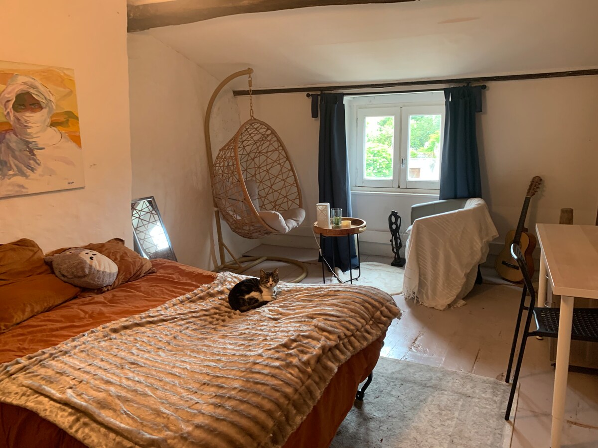 A bright room features a spacious bed adorned with a soft blanket. A hanging chair is positioned near a window, allowing natural light to fill the space. A small table and chair offer a workspace, while a guitar leans against a wall.