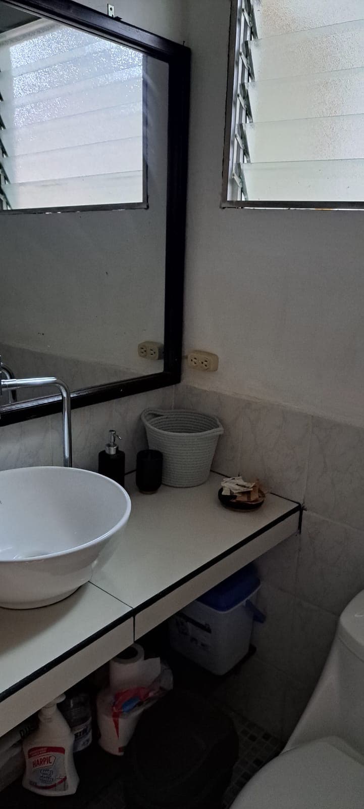 A bright bathroom features a modern bowl sink situated on a white countertop, complemented by a large mirror above. To one side, a dark container and a basket are arranged neatly, while a toilet is positioned against the opposite wall. Natural light filters in through the windows.
