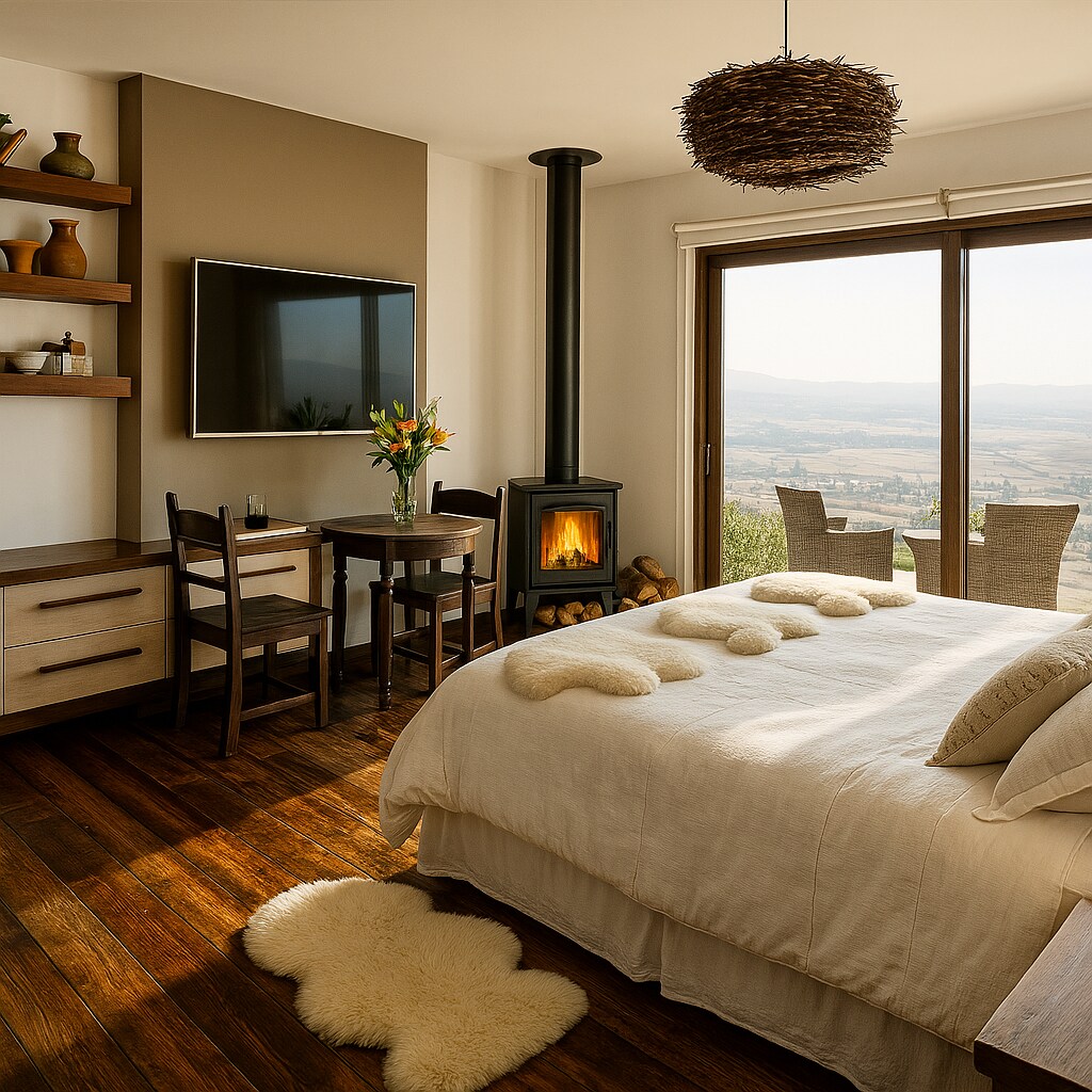 A cozy bedroom features a spacious bed with soft throws, positioned near a large window that offers scenic views of the surrounding landscape. A wood-burning stove adds warmth, complemented by a small dining table and chairs, enhancing the inviting atmosphere.