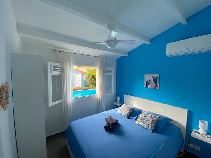 Habitación con vistas a la piscina. Aire acondicionado y ventilador: julio de 2025