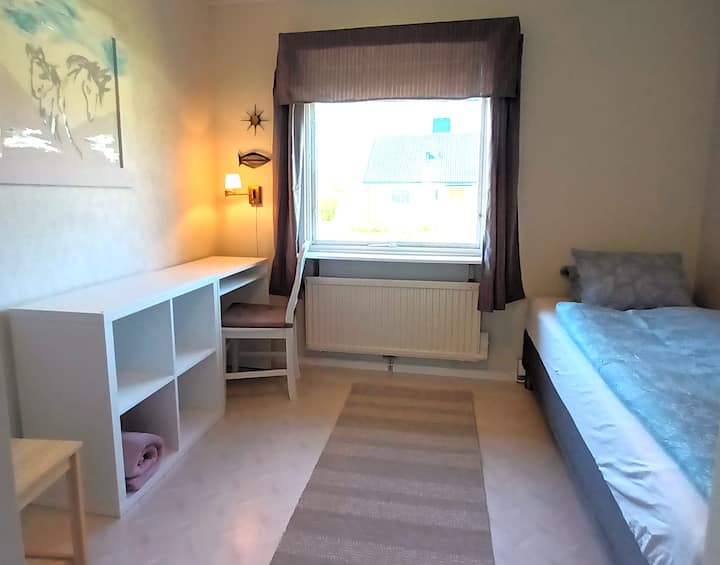 Enkelrum på 7 m2. Arbetsplats och liten hylla till förvaring.