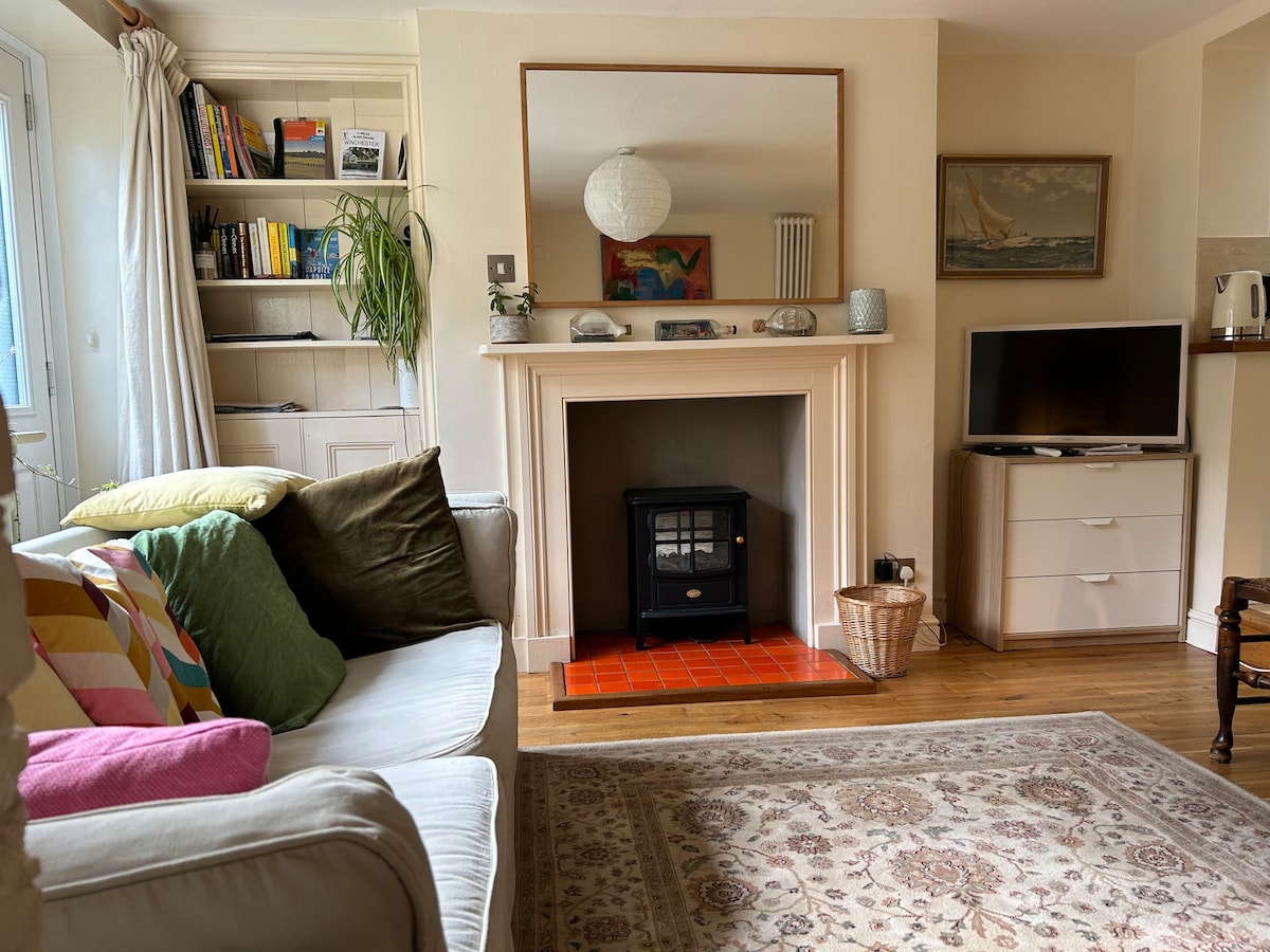A seating area is displayed with a cozy sofa adorned with colorful cushions. A mirror above a fireplace reflects light, while a TV is positioned nearby. Bookshelves with various books and plants are visible, adding character to the space.