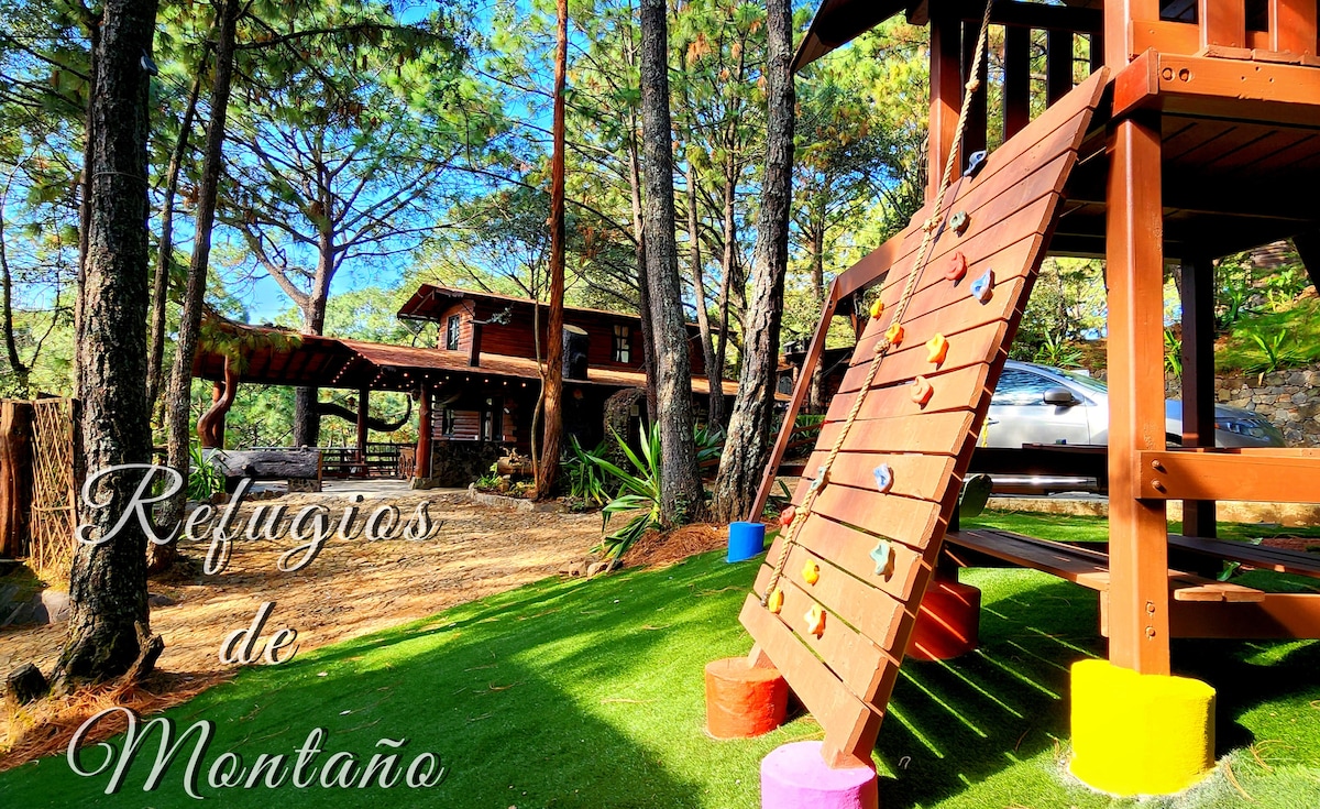 A wooden play structure is situated on a grassy area, featuring colorful climbing holds and a slide. In the background, a rustic cabin can be seen among tall pine trees, with additional outdoor seating nearby, creating a family-friendly environment.