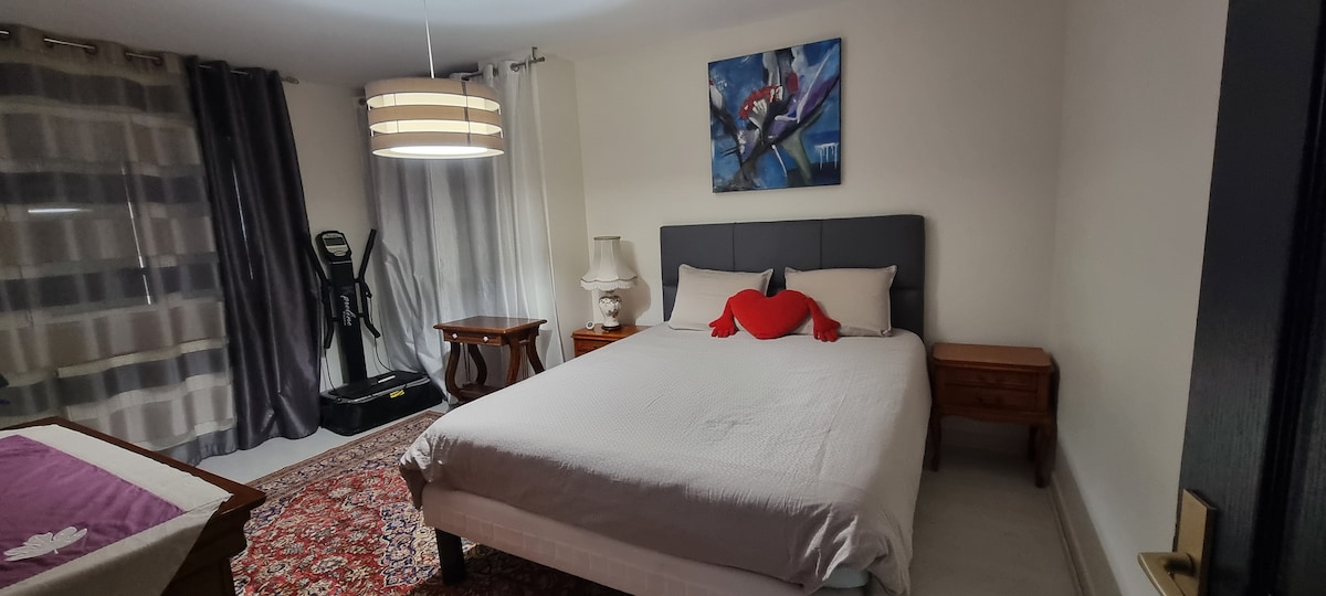 mjesto s bračnim krevetom 160×200 cm , bicikl za vježbanje i živopisna platforma na raspolaganju 