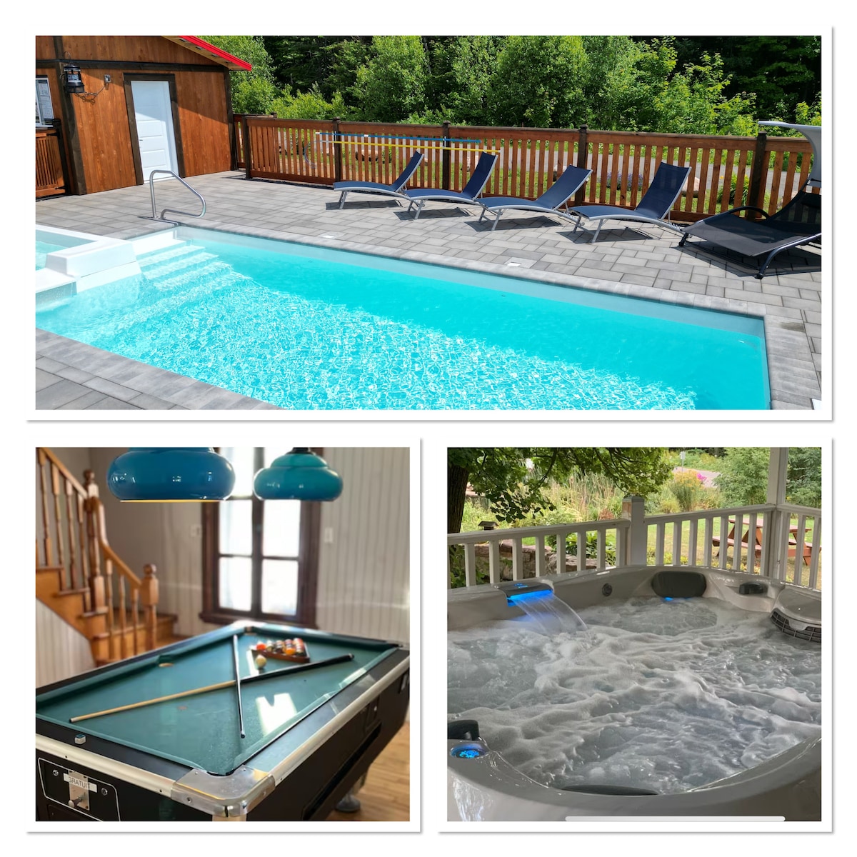 A well-maintained outdoor area features a sparkling pool surrounded by lounge chairs. A covered area with a wood fence adds privacy. Inside, a billiard table with bright blue lamps creates a recreational space. The hot tub is situated on a spacious deck, inviting relaxation.