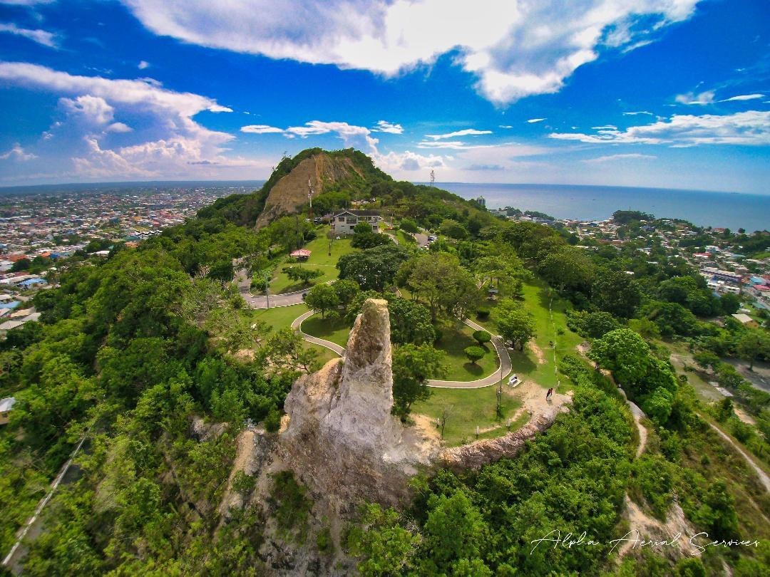 An aerial view captures San Fernando Hill, showcasing its lush greenery and rocky formations. The landscape features trails winding through trees, with the urban area and sea visible in the background under a bright blue sky. Scenic park areas are also observed.