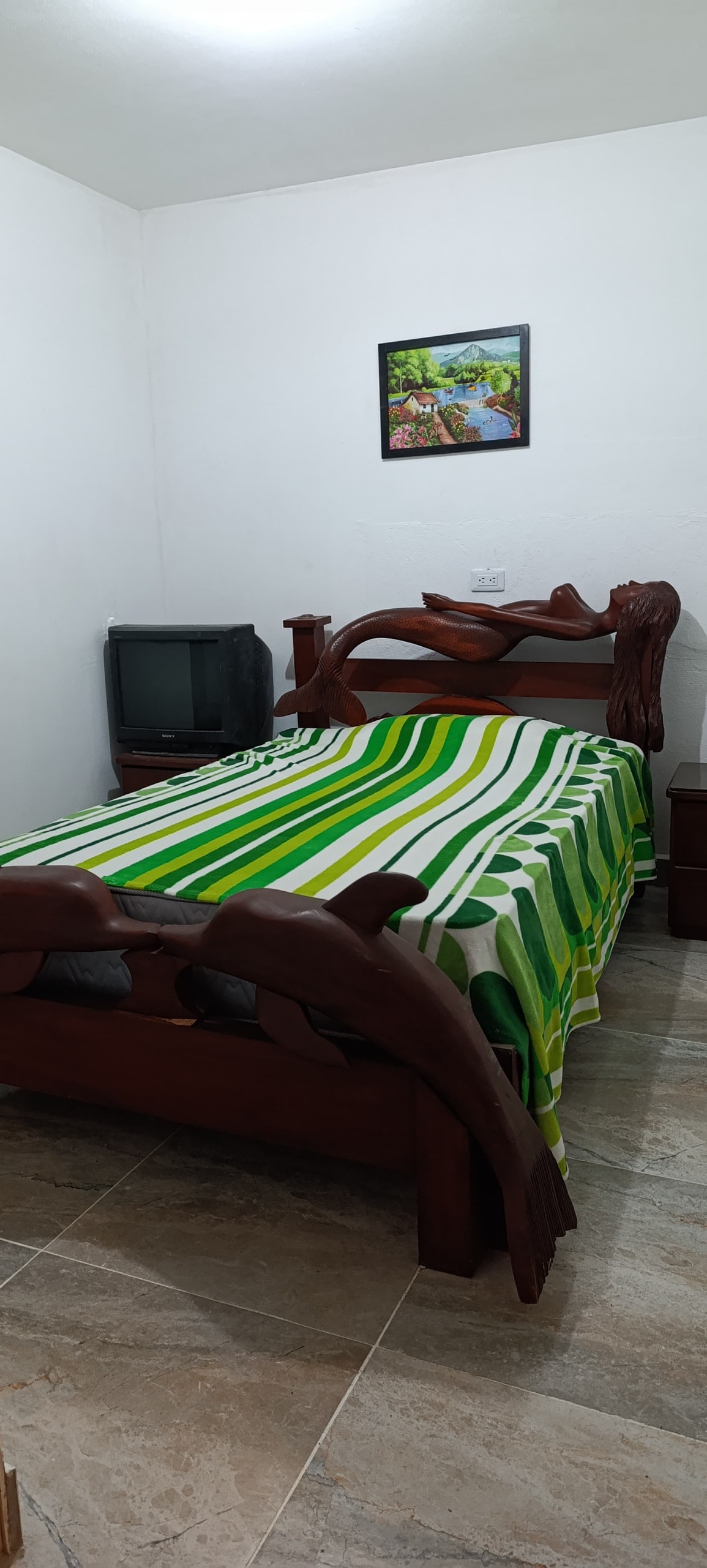 A cozy bedroom is showcased with a wooden bed featuring intricate carvings. A colorful striped blanket covers the spacious bed. A television rests on a stand, and a piece of wall art depicting nature adds a touch of decor to the room.