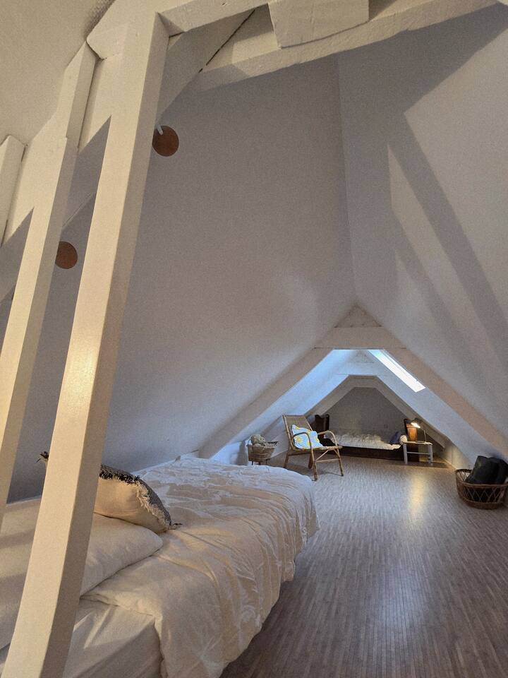  спалня 5
Просторна стая на покрива, отворена и светла, на втория етаж. С ограничената си височина на тавана е особено подходящ за млади хора или за тези, които харесват нетипични и уютни пространства.