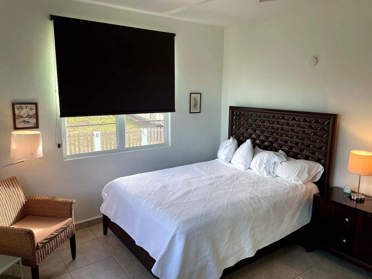 Le lit queen size dans le coin du bâtiment avec de grandes fenêtres sur 2 côtés invite la lumière naturelle.  Chaise de lecture et coin dans le coin de la pièce.  