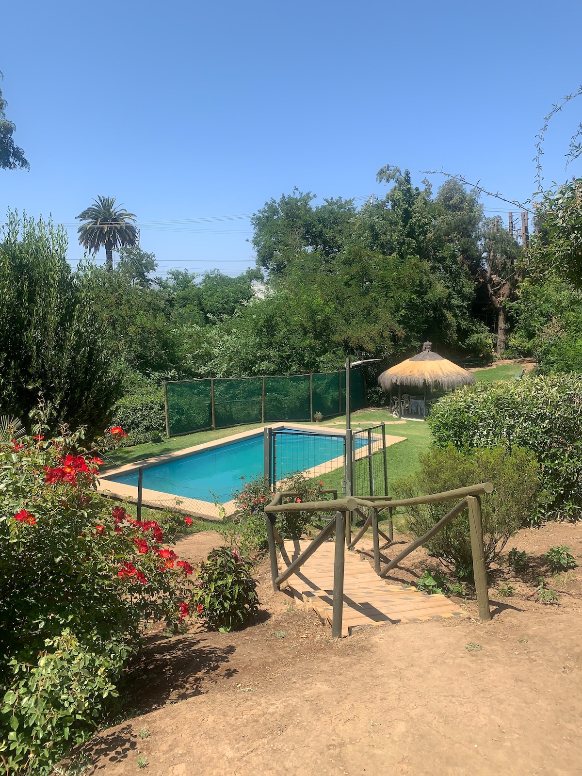 A large swimming pool is surrounded by lush greenery and colorful flowerbeds. A thatched-roof structure is visible nearby, offering shaded seating. The scene features a pathway leading down to the pool area, enhancing accessibility amidst the natural landscape.