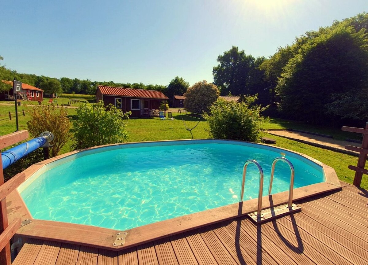A clear swimming pool is surrounded by a wooden deck, with sturdy steps leading into the water. Lush greenery encircles the area, with several chalets visible in the background, offering a serene and natural setting.