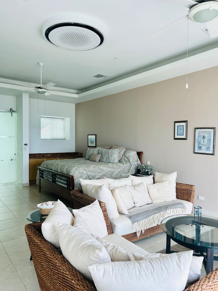 Veľká manželská posteľ s vlastnou kúpeľňou. Sedacia časť s výhľadom na oceán. Posilňovňa a kancelária.