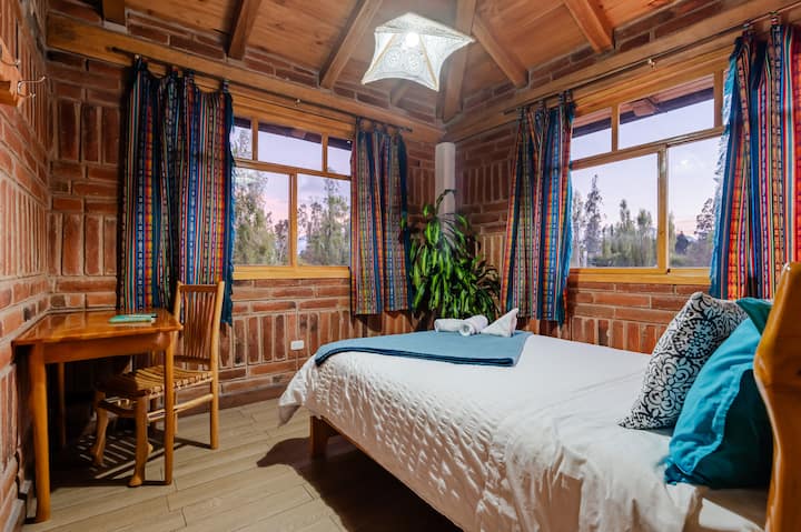 Esta habitación cuenta con un ambiente tranquilo asi como con una mesa y silla para que puedas hacer cualesquier actividad y ademas su cama doble te brindará un descanso placentero.
