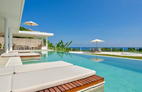 Modern boho villa with Bali Sea & rice field view