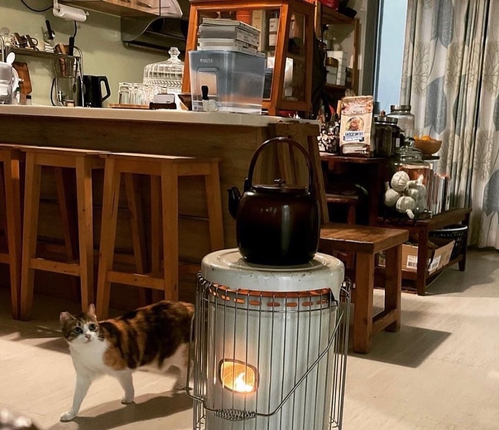 A cozy indoor space is highlighted by a wooden counter and various kitchen items. A small calico cat walks past a heater containing a lighted candle, creating a warm ambience. Natural light filters through patterned curtains, illuminating the inviting atmosphere.