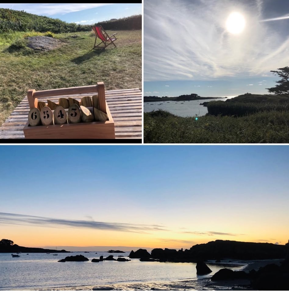 A comfortable Adirondack chair is positioned in a grassy area, framed by coastal rocks. A view of the sun and clouds reflects off serene water, hinting at the coastal landscape. The bottom image displays a tranquil sunset over the ocean, with silhouettes of rocks outlined against a warm sky.