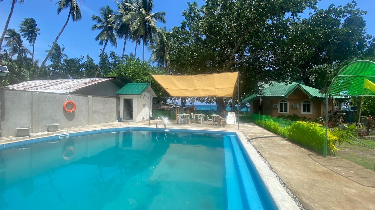 A clear swimming pool reflects the blue sky, surrounded by palm trees. A shade structure is positioned over several seating areas, including plastic chairs and tables. A cottage with green roofing can be seen in the background, complementing the outdoor environment.
