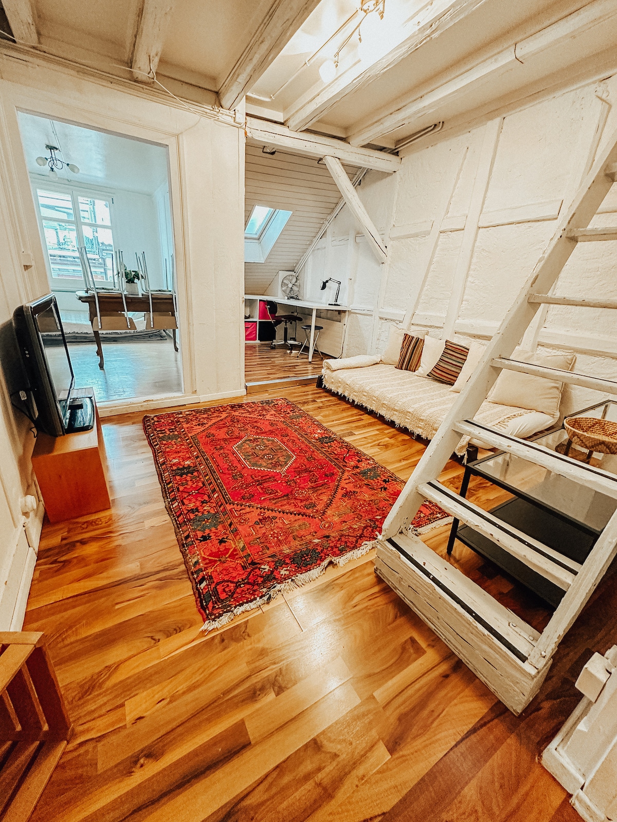 A cozy living area features a rich patterned rug on polished wooden floors, leading to a white ladder that accesses an upper sleeping space. Light filters through a skylight, illuminating the neutral-toned furnishings, including a sofa adorned with decorative cushions.