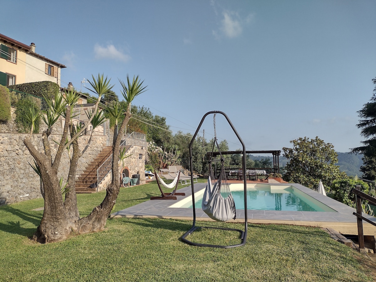 A serene garden area features a large pool surrounded by stone paths. A swing hangs on a sturdy frame nearby, complemented by palm trees and hammocks. The house is visible in the background, with steps leading up to it, showcasing the tranquil hillside setting.