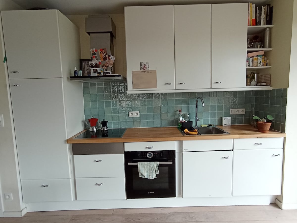 A functional kitchen setup features white cabinetry with a wooden countertop. A built-in oven, sink, and stove are present, complemented by a tiled backsplash in shades of green. Shelves display various kitchen items, and a potted plant adds a touch of nature.