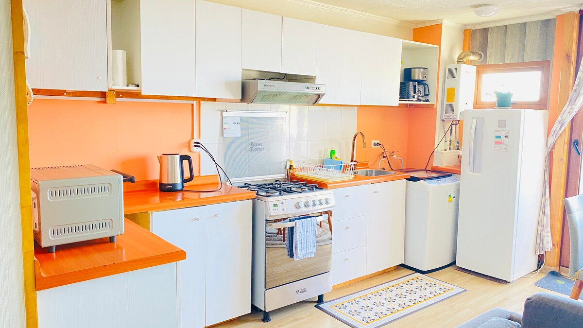 A well-equipped kitchen features an orange accent wall, white cabinetry, and modern appliances. A gas stove and a microwave are visible, alongside a refrigerator. The sink is situated under a window, and a rug adds a touch of comfort to the floor.