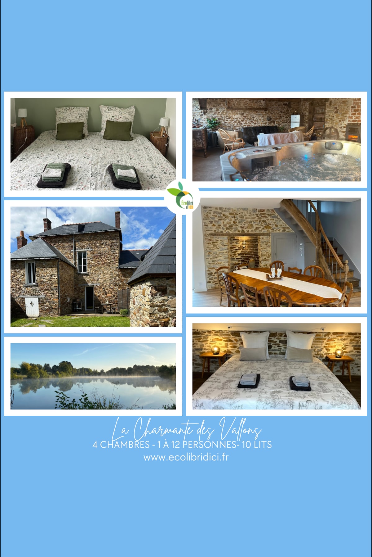 A collage of six images displays various aspects of the property. The top left features a neatly made bed adorned with subtle patterns. The top right captures a well-lit dining area with natural wood accents. The bottom left shows an exterior view of the charming stone house, while the bottom right showcases a serene landscape by the water.