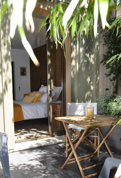 In the shade of bamboos.