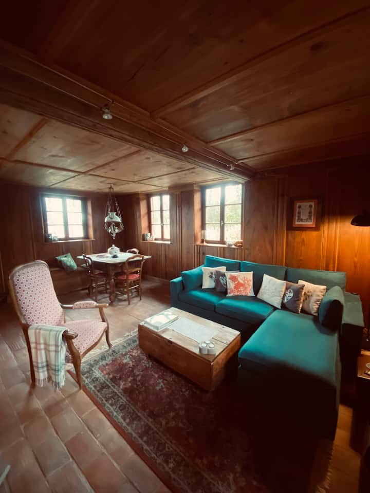 Mycket mysigt vardagsrum, 3-sits soffa med en schäslong och en 1,20/1,90 säng. Soffbord med brädspel. 