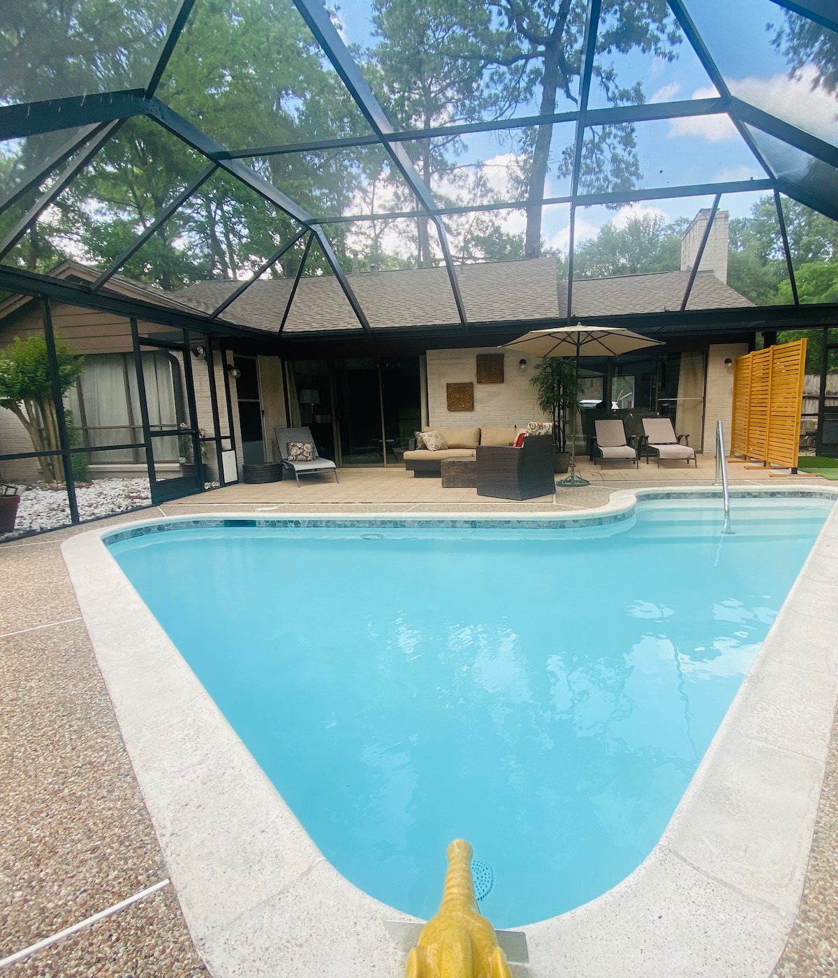 An enclosed outdoor area features a cocktail pool surrounded by a textured deck. Seating areas with cushioned chairs and an umbrella are visible nearby. The space is illuminated by natural light filtering through the screen, creating a bright, welcoming environment.