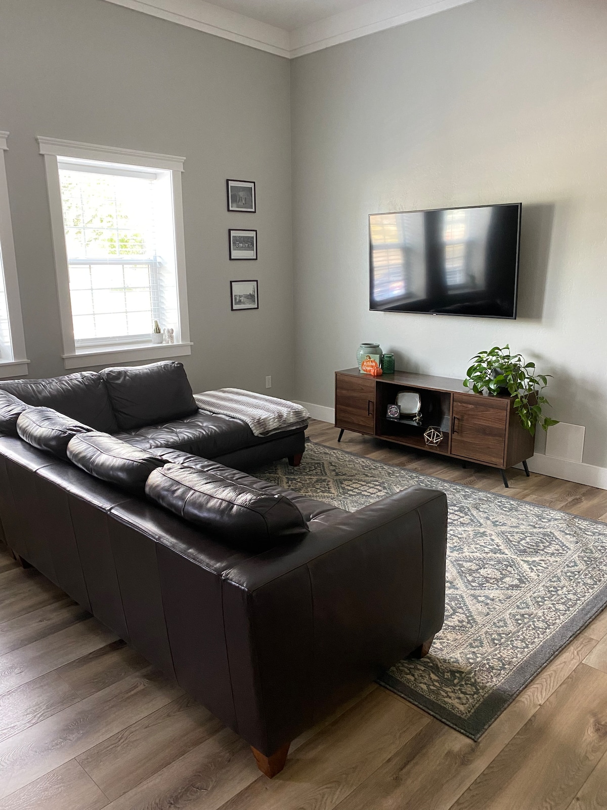 A modern living area features a dark leather sofa positioned on a light wood floor, complemented by an area rug with intricate patterns. A wall-mounted television hangs above a stylish wooden console, which is adorned with decorative items and a potted plant, while natural light filters through the windows.