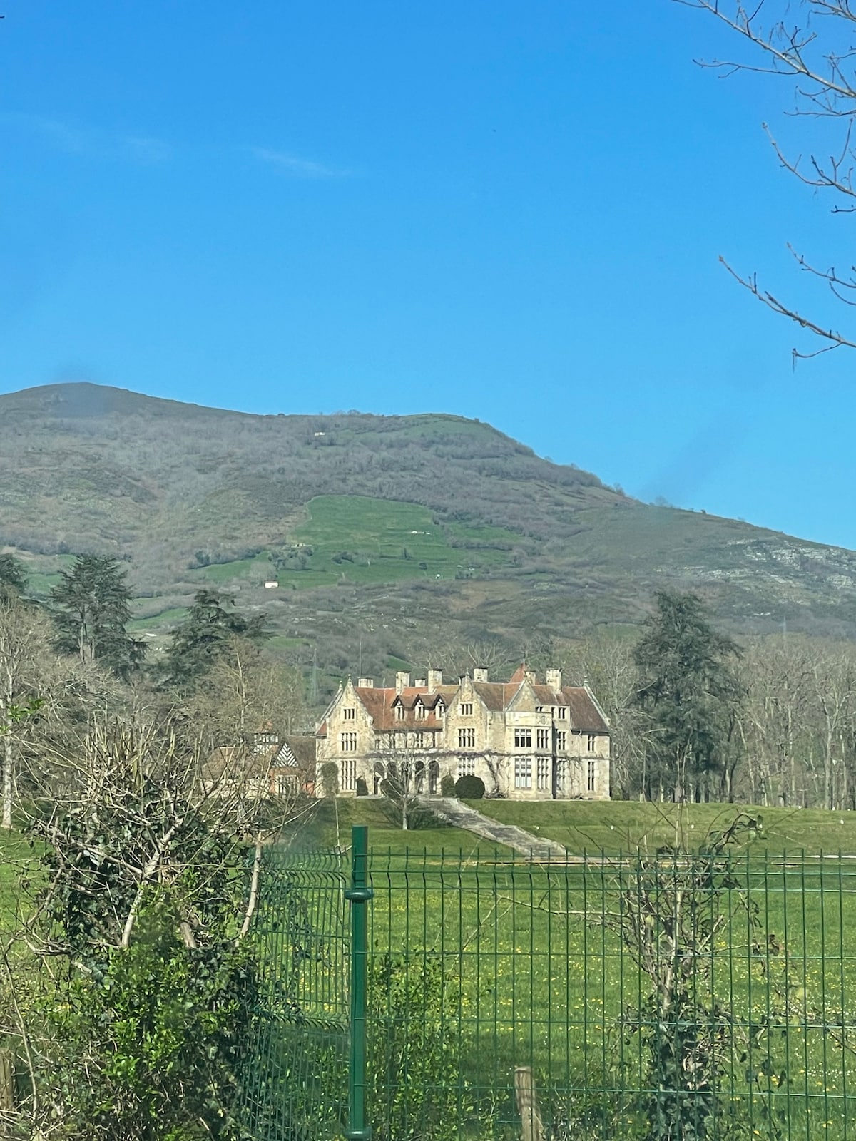 A grand stone mansion is positioned amidst a grassy landscape, with majestic mountains rising in the background. The building features intricate architectural details and a variety of trees surrounding the estate, set against a clear blue sky.