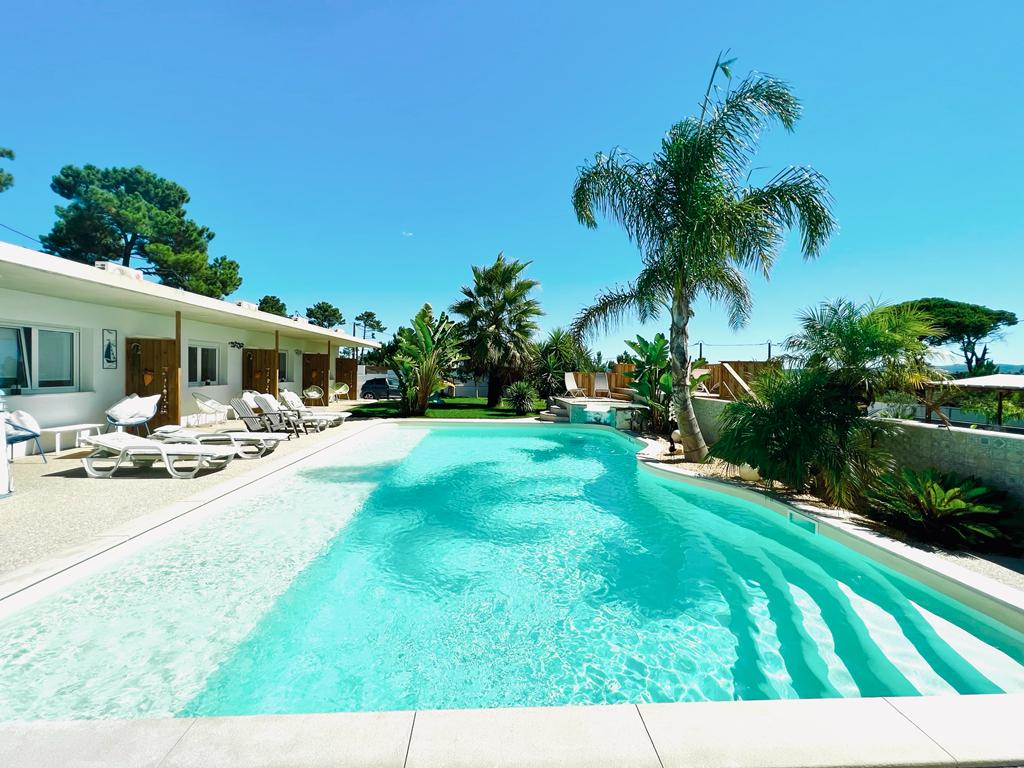 A shared heated pool is surrounded by palm trees and lush greenery. Lounge chairs are positioned along the pool deck, providing ample space for relaxation. The clear blue sky reflects on the calm water, creating a serene atmosphere in a sunlit outdoor area.