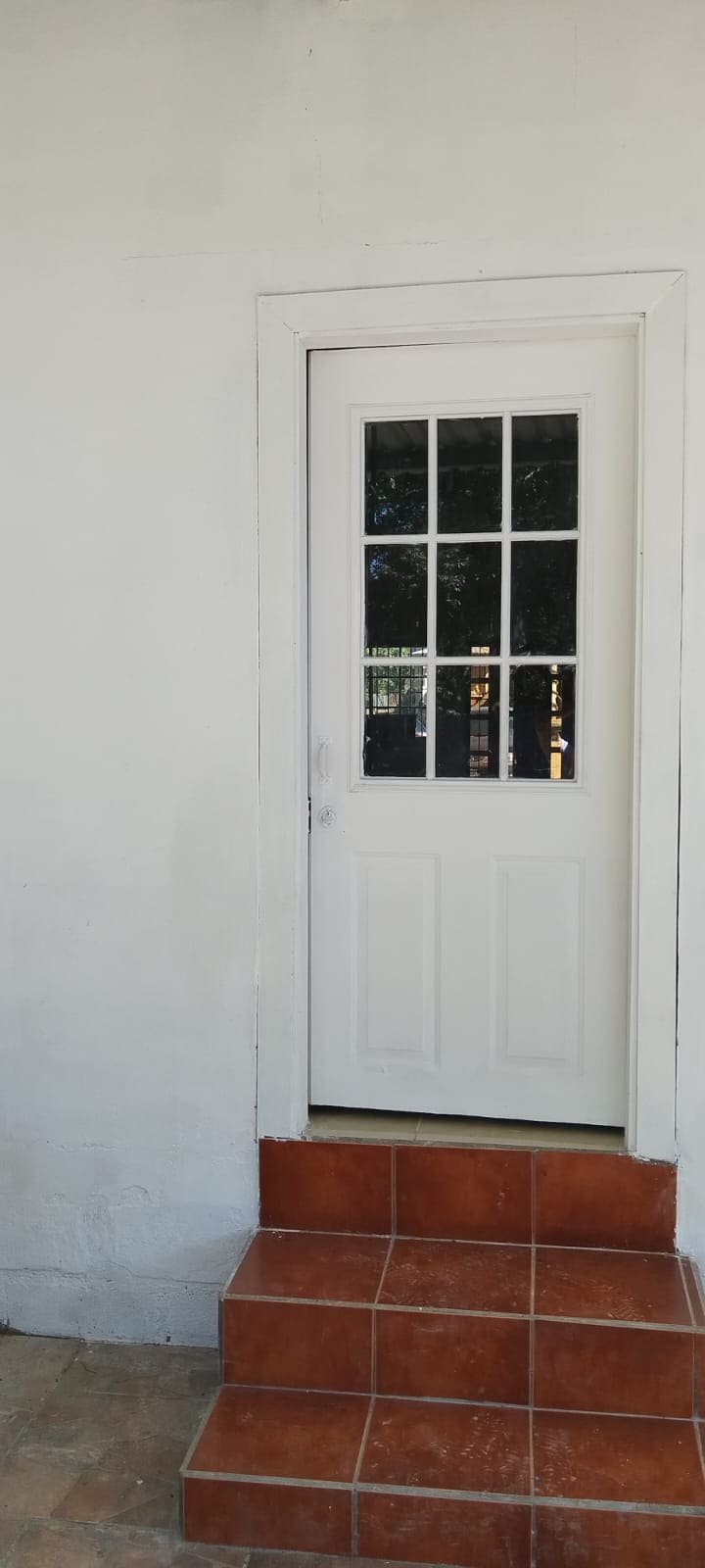 A white door with multiple square panes is framed by a simple white wall. A set of terracotta steps leads up to the door, creating an inviting entrance. Natural light can be seen filtering through the glass panes.