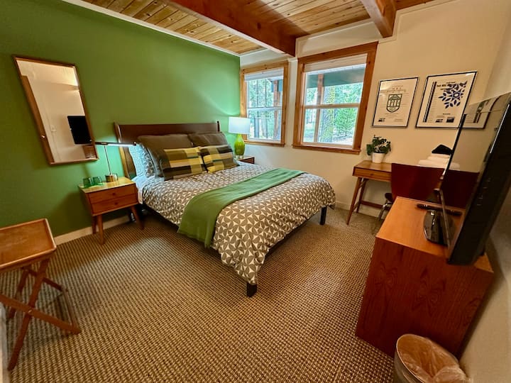 Green room: New queen mattress and bedding, down pillows and comforter, full length mirror inside closet, luggage rack, desk and chair, monitor, pack and play, sleeping bags, Heat / AC.