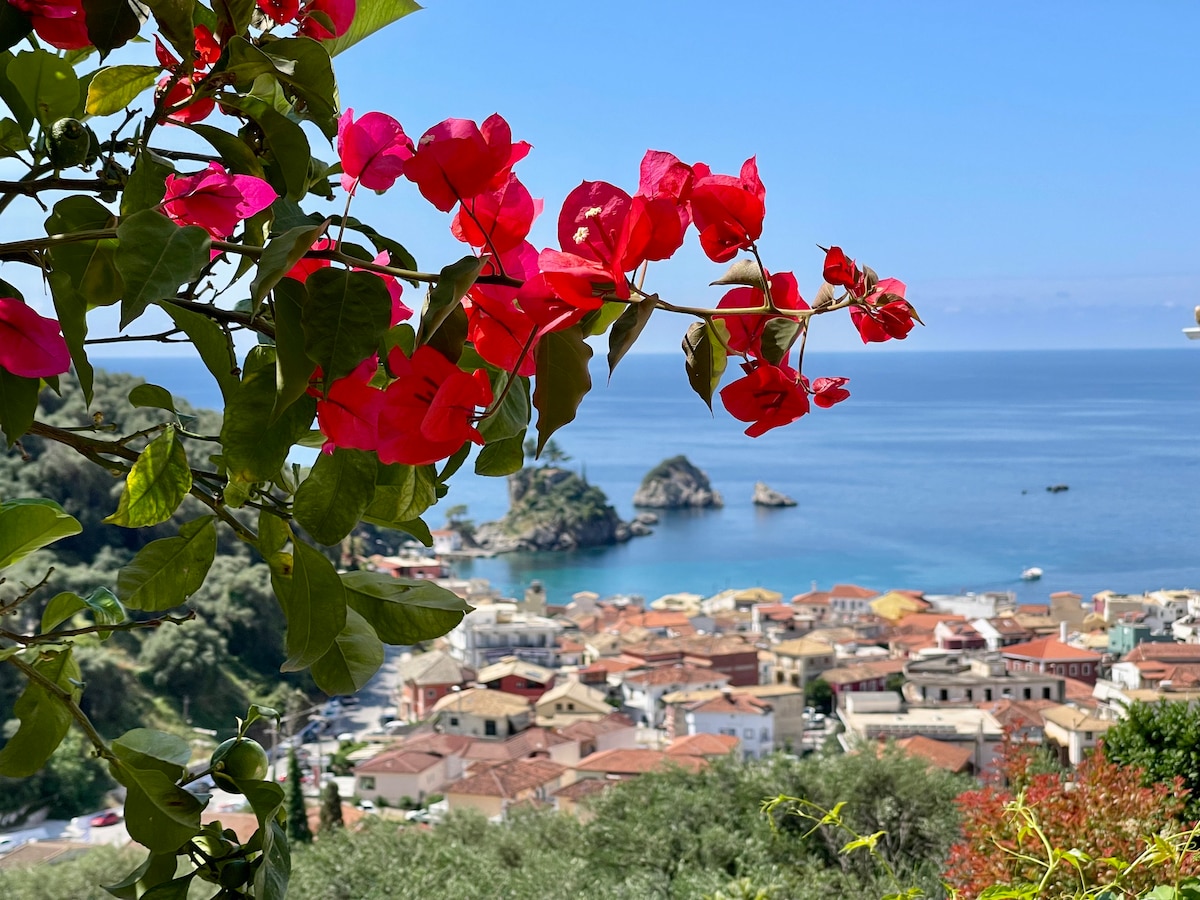 A vibrant bougainvillea in full bloom frames a panoramic view of the coastal town below. The scene captures terracotta-roofed buildings nestled by the sparkling blue sea, with rocky formations dotting the water's edge, under a clear sky.