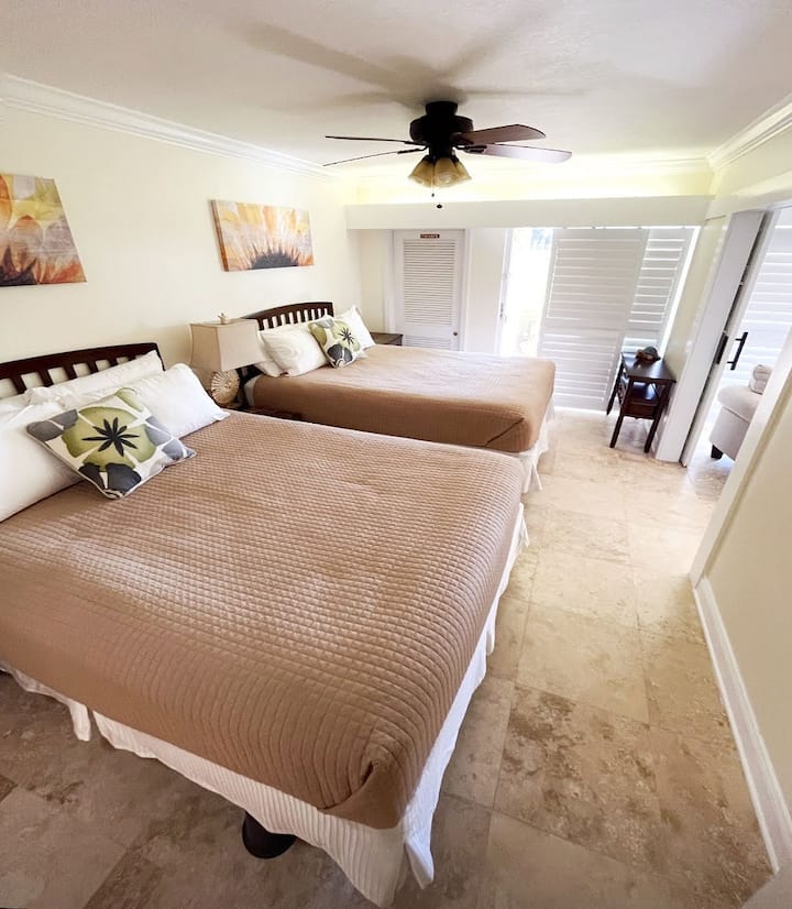 Ორი ორადგილიანი საწოლი, ტელევიზორი და ჭერის ვენტილატორი. 