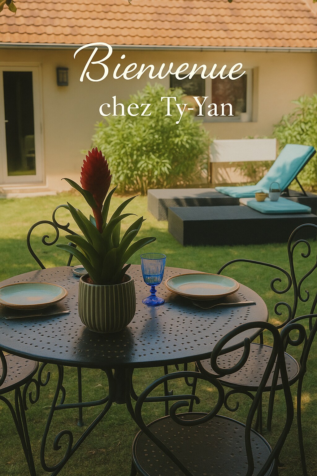 A charming garden area includes a small round table set for dining, featuring a green plant centerpiece. Nearby, a comfortable lounge chair is placed on the grass, inviting relaxation. The background shows a light-colored building with a welcoming entry.