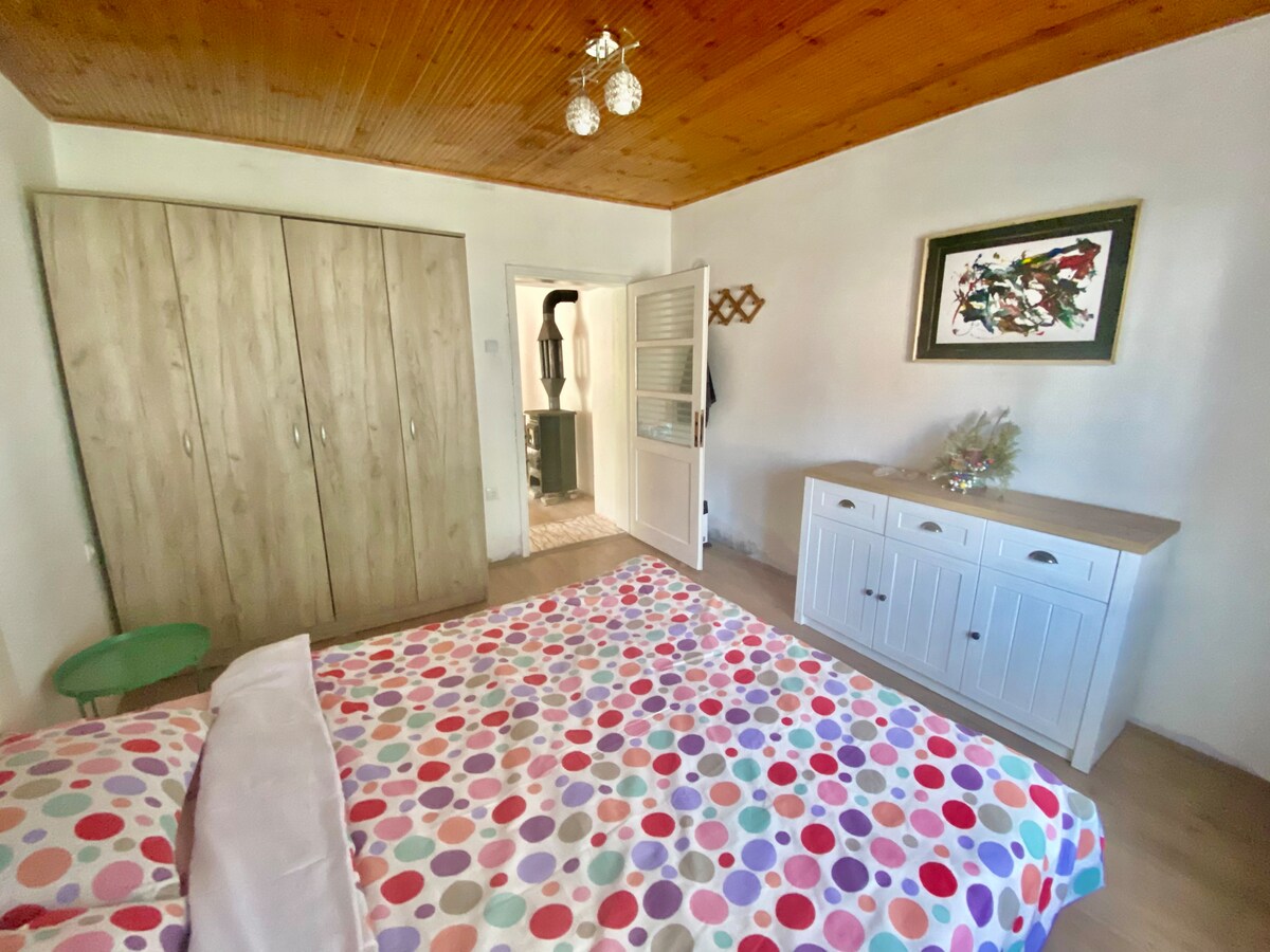 A bedroom features a colorful polka dot bedspread on a spacious bed. Two wooden wardrobes stand against one wall, with a white dresser nearby. A doorway leads to another room, and a wall-mounted artwork adds a decorative touch. Natural light brightens the space.