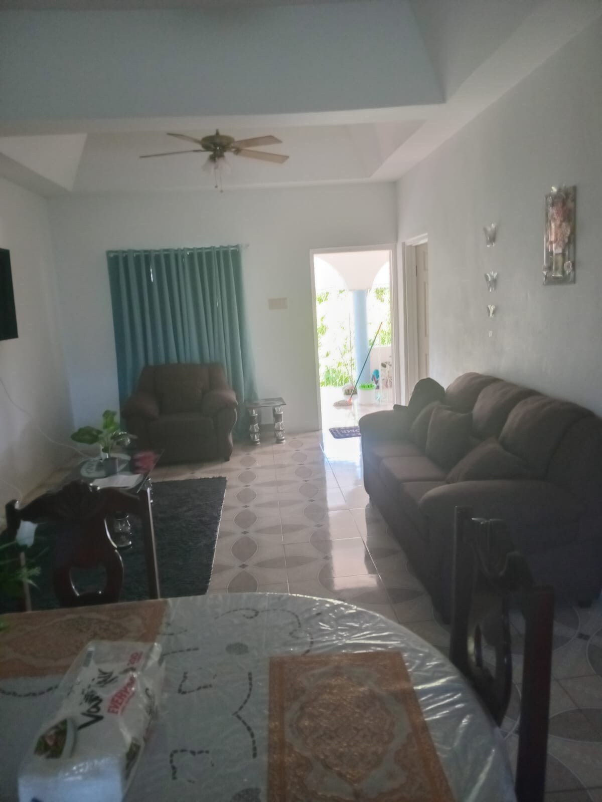 A spacious living area features comfortable sofas and a cozy armchair arranged around a low table. Natural light enters through a nearby doorway leading to an outdoor space, complemented by a ceiling fan and soft curtains that frame the windows.