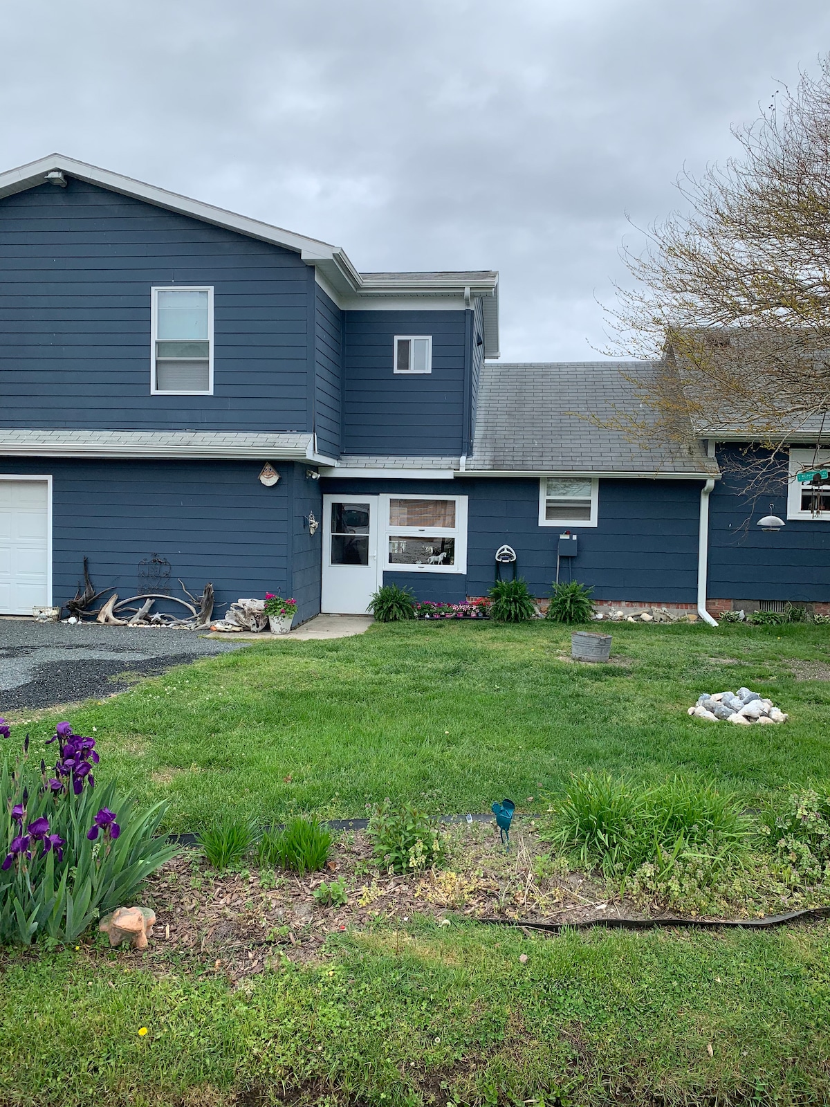 A two-story blue house is depicted, featuring a front lawn with patches of grass and various flower beds. A pathway leads to a porch area, while bicycles and gardening supplies are visible to the side. Cloudy weather adds a soft ambiance to the scene.