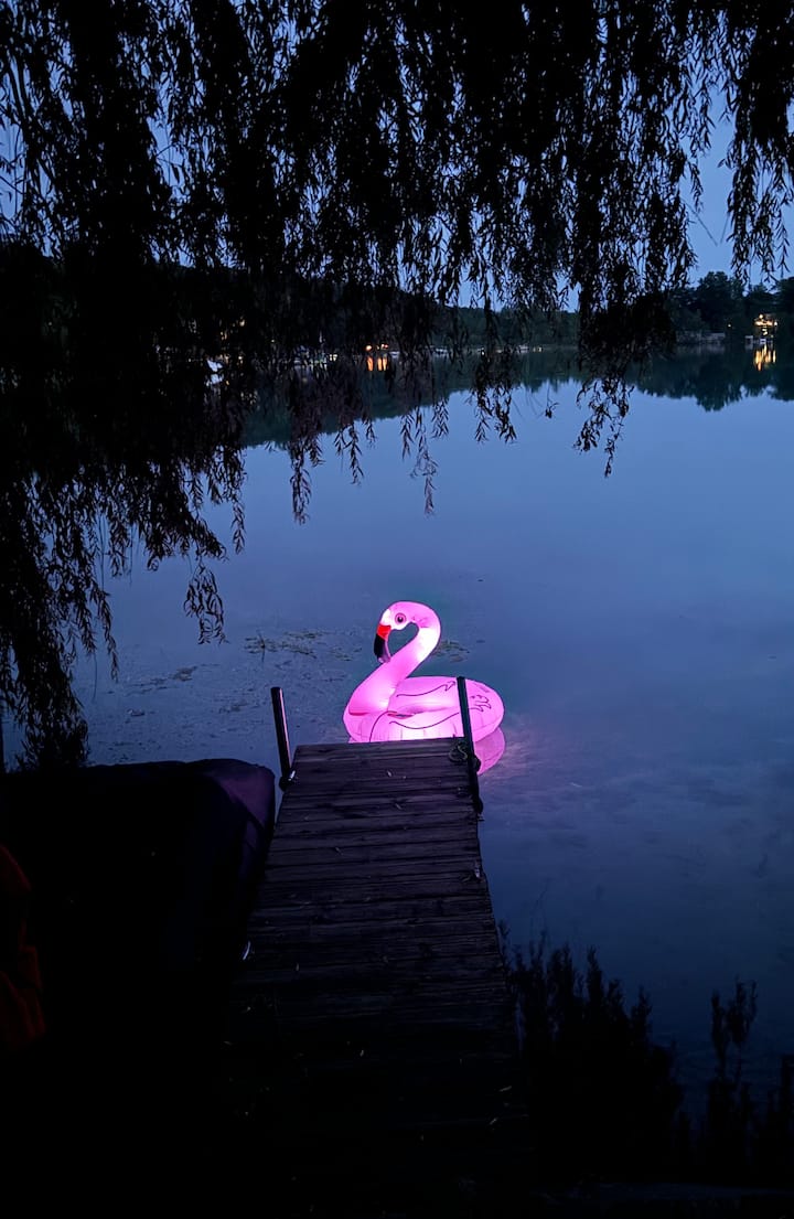 Sand Lake Vintage Flamingo Camper On Blue Lake - 密西根