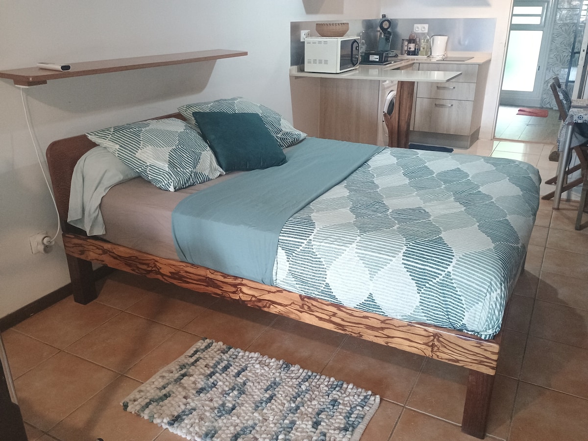 140 当地木制双人床（蛇木和车库木材），配有明亮的墙板