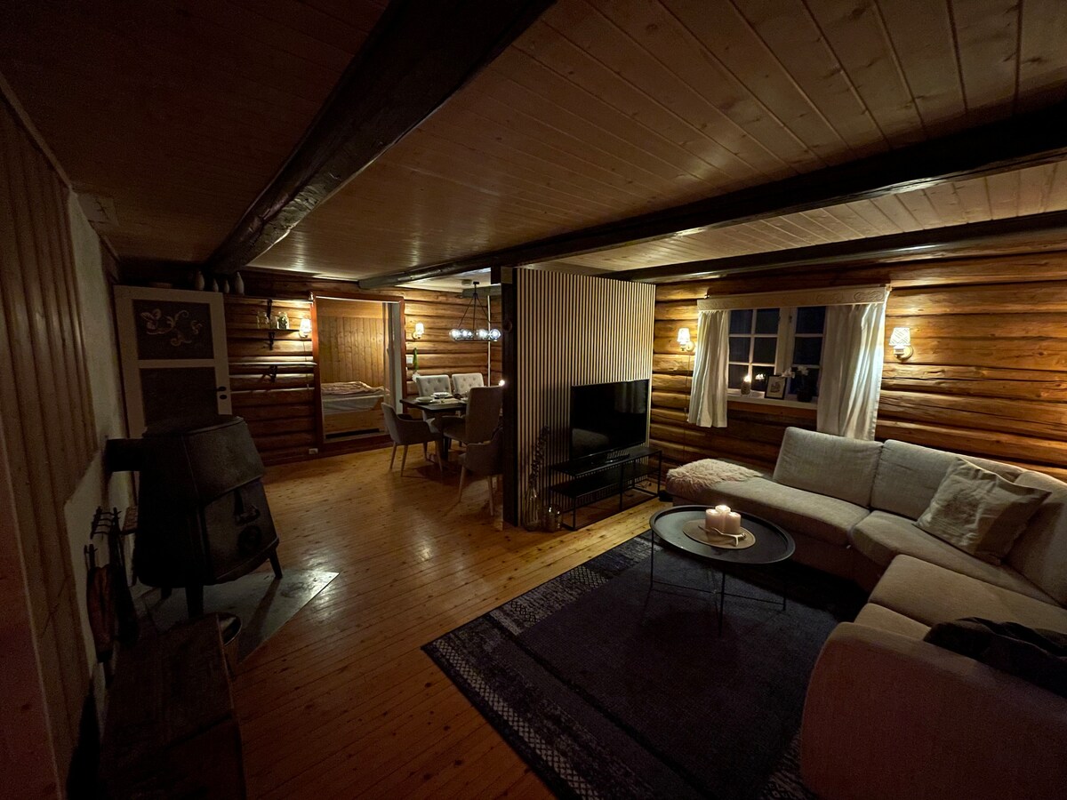 The interior features wooden walls and a warm ambiance, with a comfortable sectional sofa positioned in the foreground. The living space includes a dining area in the background, illuminated by soft lighting, along with a television and a cozy fireplace, enhancing the overall atmosphere.